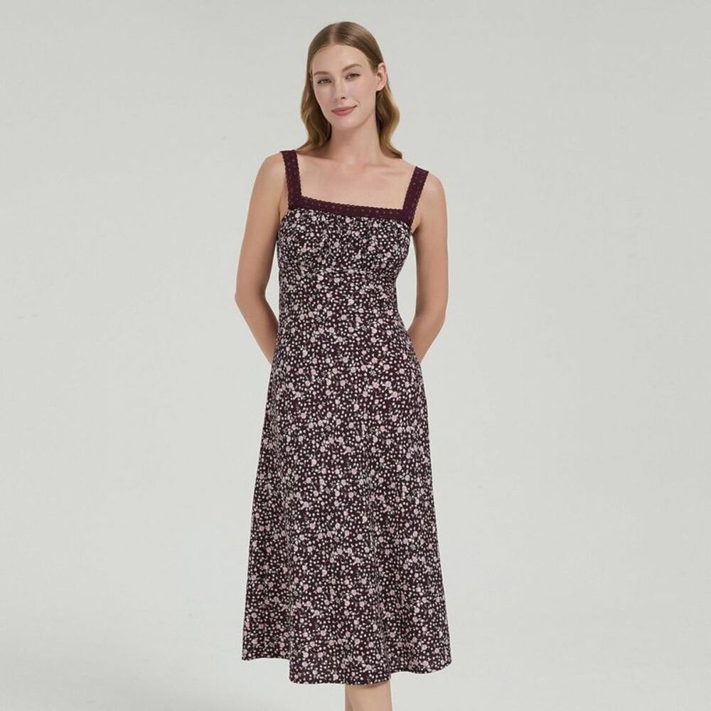 Women's Embroidered Strap Midi A-Line Dress -  Berry Red Floral XXL